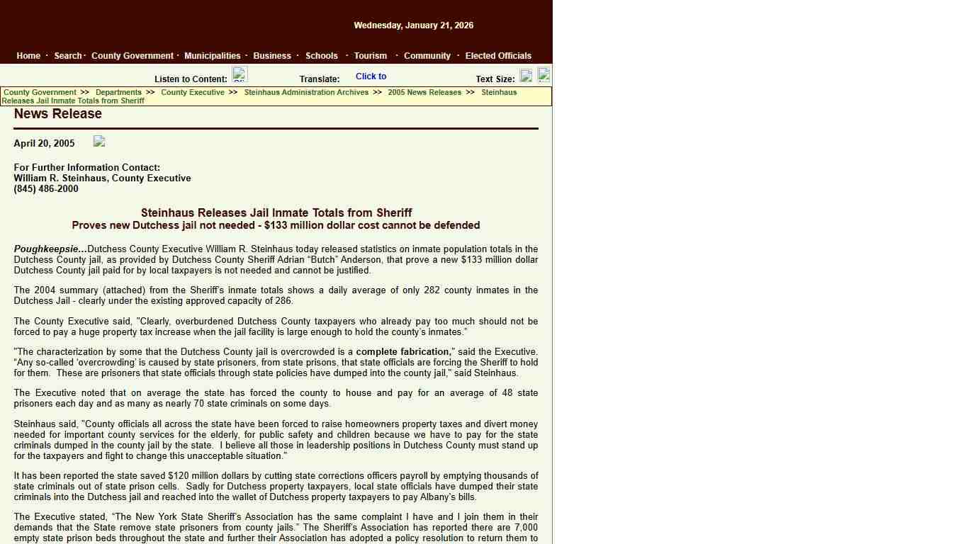 County Executive:News Releases:Steinhaus Releases Jail Inmate Totals from Sheriff